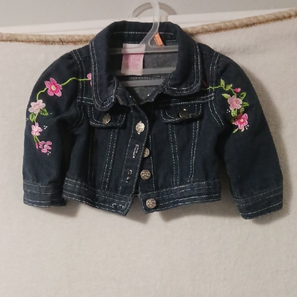 Nannette Navy Jean Jacket with Pink Floral Accents